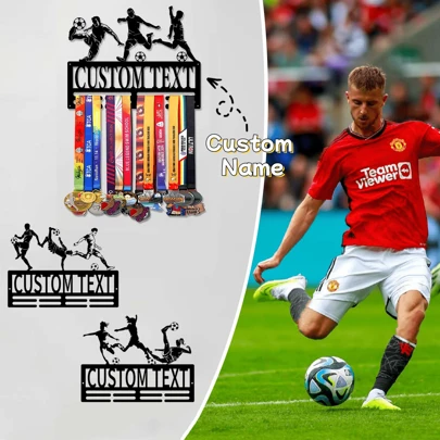 1 pieza Estante personalizado para exhibir medallas de jugador de fútbol, Vitrina de medallas con nombre personalizado, Organizador de pared metálico para decoración colgante en dormitorio, sala de estar, entrada