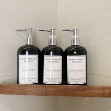 3pcs Golden Refillable Shampoo & Conditioner Dispensers With Waterproof Labels - Odorless Plastic Lotion Bottles For Bathroom Accessories, Perfect For Hotels & Guesthouses Home Bathroom Decor Fall Decor Back To School - Multicolor - View 9