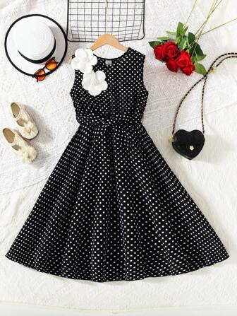 女童休闲中长连衣裙，黑白经典波尔卡圆点和 3D 花卉装饰，无袖，配腰带，适合休闲、复古、时尚造型、春夏季