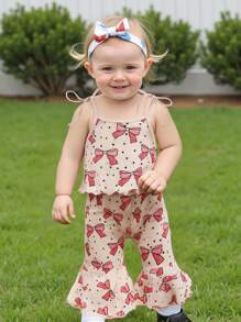 Kids Girl Summer Outfits Bowknot Print Tie-Up Spaghetti Strap Sleeveless Tank Tops Flare Pants 2Pcs Clothes Set - Red - View 2