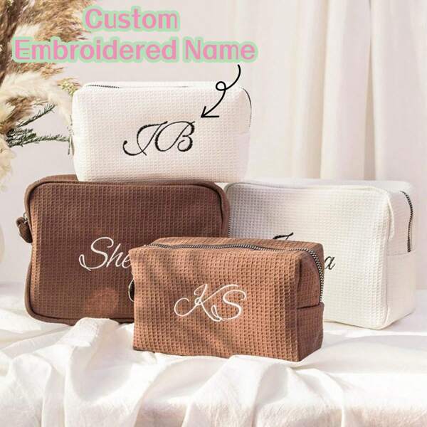 Personalized Waffle Pattern Travel Makeup Bag, Custom Embroidered Cosmetic Bag, Bridesmaid Gift, Mother's Gift, Unique Design,Multifunction,Versatile,Large Capacity,Lightweight,Functional,Practical,All-Purpose,Colorful,Cute,Adorable,Contracted,Funny,Kawaii,Y2K,Minimalist,Commuting,Business Casual,Basics,Custom,Personalized,Unique,Customized,Ideal Gifts For Him,Ideal Gifts For Her,Her,Boyfriend,Girlfriend,Family,Friends,For Anniversaries,For Birthdays,For Holiday/ Vacation,For Outdoors/Outings/Travel/Hiking/Stadium/Sports/Climbing,For Business/Commute/Work/Office,Travel