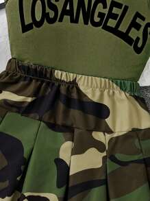 2pcs/Set Young Girl Fashion Summer Outfit, Toddler/Young Kid Letter Print Round Neck Sleeveless Top + Elastic Waist Pleated Skirt Set, Military Green Casual Streetwear Lightweight Breathable Summer Uniform For Elementary School Students