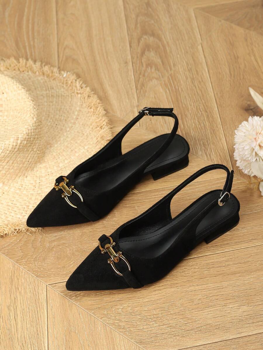 女士新款时尚舒适优雅尖头无后跟绑带粗跟一脚蹬高跟鞋，搭配连衣裙更显身材 - 黑色 - 查看 1