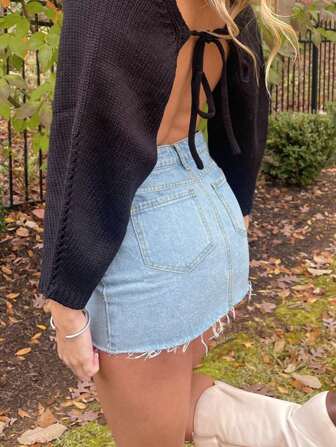 Lässiger amerikanischer Straßen-Stil Washeder hellblauer Denim Minirock für Damen, Sommer