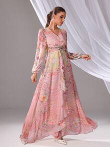 Women's Elegant Floral All-Over Print Arabic Style Dress, Modest - Pink - View 5