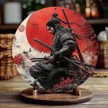 1pc Japanese Samurai Flat Metal Wall Art, 20.32x20.32cm, High Definition Printing, Weather-Resistant, Pre-Drilled For Easy Hanging - Home, Living Room, Bedroom, Garage, Cafe Decor, Vintage Style, Home Theme, Best For Christmas, Random Hole Position