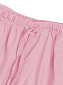 Women's Pajama Set, Two-Piece Short-Sleeve Top And Shorts Lounge Outfit, Loose Fit, Waffle Pattern, Drawstring Design, Round Neck, Short Sleeves, Slitted Shorts Design, Sporty Casual Style, Lounge, Pajama Set. - Hồng - Xem 4