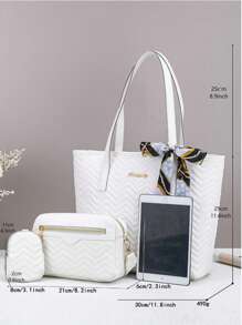 3pcs Set Quilted Wave Pattern Large Capacity Tote Bag With Matching Shoulder Crossbody Camera Bag And Coin Purse, Classic Color Block - Multicolor - View 10