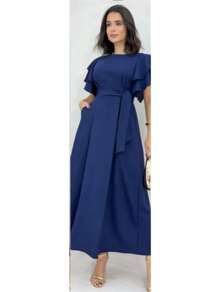 Duna Women's Long Midi Dress In Linen With Ruffle Sleeves And Belt - Navy Blue - View 2