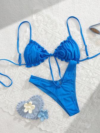 全新时尚性感系带纯色三角比基尼泳装