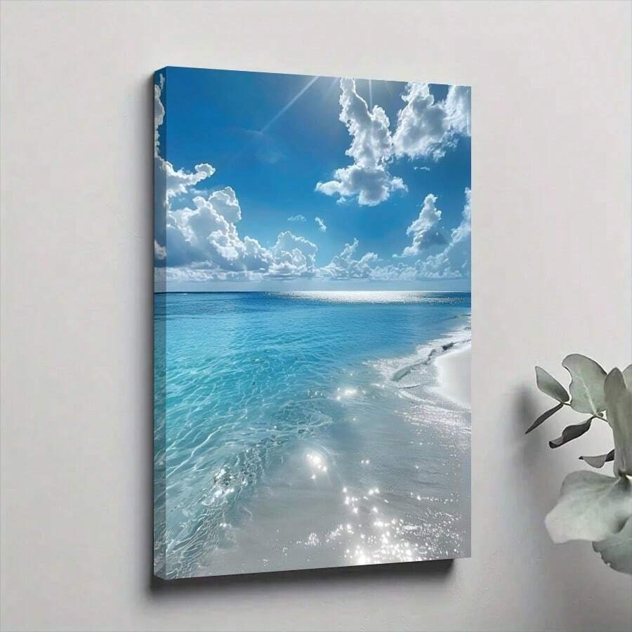 1pc Framed Canvas Poster, Beach Wall Art Paintings, Landscape Wall Art, Ocean Wall Art, Nature Wall Art, Ideal Gift For Bedroom Living Room Corridor, Wall Art, Wall Decor, Room Decoration