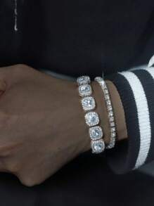 2 件闪亮、时尚、精美方糖和网链手链，男女通用，适合日常佩戴，情人节礼物 - 銀色 - 查看 6