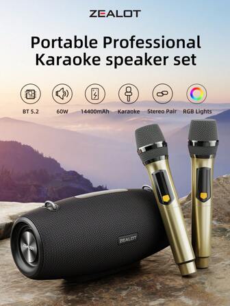 ZEALOT ZEALOT S67M 60W Wireless Microphone Speaker, Outdoor Portable Subwoofer, 14400mAh Battery, Can Play For 12 Hours, Dual Pair Loud Stereo, Supports TF/USB/AUX Bluetooth Speaker, High-Quality Large Capacity Home Portable Karaoke Speaker