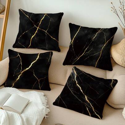 MEMNUN Set de 4 fundas de almohada de poliéster con estampado de mármol agrietado negro de 17.7*17.7in(45*45cm)/19.69*19.69in(50*50cm)/15.75*15.75in(40*40cm) [sin relleno de almohada], funda de cojín para decoración del hogar, sofá, cama, coche, regalos personalizados, adecuado para uso diario o decoración minimalista de alta gama