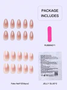 54pcs Set 2 Types Same Color Series Almond & Oval Shaped Nail Tips, All-Covering Press On Nails With Minimalist Elevated Nude Ombre Mirrored Pink Style, Suitable For Girls & Women For Party, Holiday, Daily Commute, Includes 2pcs Double-Sided Adhesive & 1pc Nail File