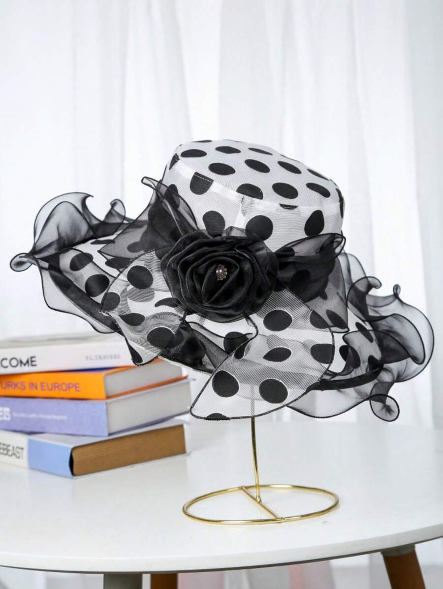 1 件女式欧根纱波尔卡圆点宽边帽，欧美波浪边沙滩帽，户外太阳帽，夏季教堂帽