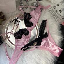Pink PetitDoll Women's Contrast Lace Bra & Thong Lingerie Set - Pink - View 7