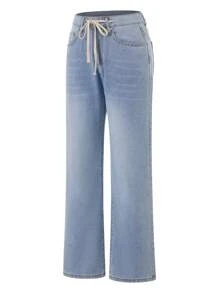 Women's Spring Summer Denim Pants Solid Color Wide Leg Drawstring Trousers With Pockets