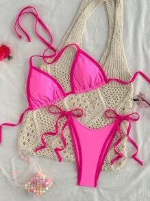 Set Baju Renang Bikini Bandeau Seksi Warna Kontras Wanita dengan Tali Leher, Liburan Pantai & Liburan Musim Semi Warna Pink Musim Panas - Berwarna merah muda - View 3