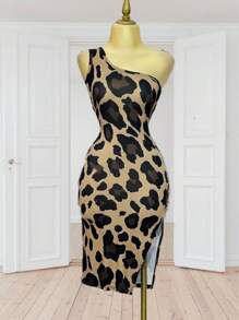 One Shoulder Animal Print Dress - Black - View 2