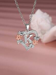 Tsnamer 1 Stück exquisiter Halskette mit kubischem Zirkonia-Initialen und herz-geschnitztem 26 Buchstaben A-Z sowie Blumen, Damen Schmuck für den täglichen Gebrauch