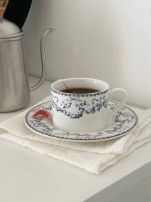 1pc French Vintage Ditsy Floral Lace Blue Ceramic Mug And Saucer Set, Everyday Home/Office Use Tea/Coffee Cup, Breakfast Oatmeal/Milk Bowl, Birthday/Holiday Gift