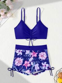 2pcs Floral Print Wrap Style Swim Trunks, Suitable For Multiple Occasions - Purple - View 1