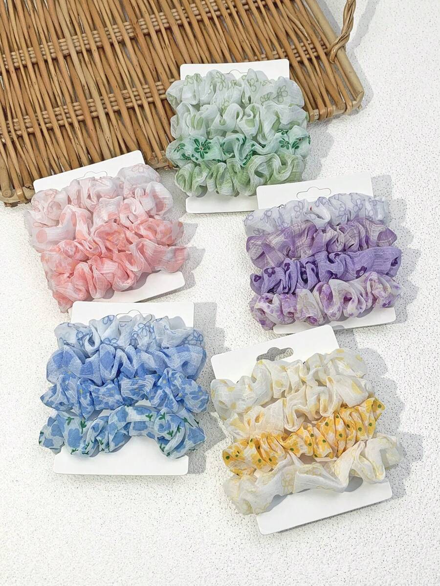 5pcs Sweet Ditsy Floral Hair Scrunchies, Chiffon Bun Holders Hair Ties, Hair Accessories - Multicolor - View 1