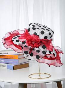 1 件女式欧根纱波尔卡圆点宽边帽，欧美波浪边沙滩帽，户外太阳帽，夏季教堂帽