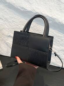 Women's New Fashion Textured Stone Pattern Square Handbag With Dual Top Handles, Crocodile Embossed Shoulder Bag, Adjustable Strap, Casual Travel & Shopping Crossbody Bag