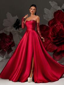 Smilprince Vestido de Baile de Cetim Borgonha com Ombros à Mostra, com Luvas Bordadas e Decote Princesa, Vestido de Formatura com Fenda Alta para Mulheres, Vestido de Noite Formal, Vestido de Convidado de Casamento, Vestido de Festa Elegante