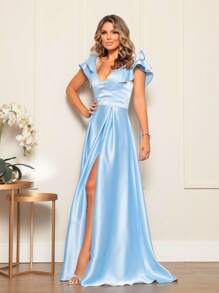 Grife Velasco Bridesmaid Dress Party Plain Long Elegant Graduation Slit Ruffle Sleeve - Baby Blue - View 6