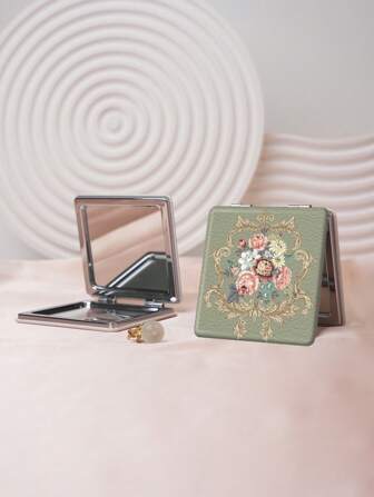 1 Stück Vintage Europäischer Stil Kranz Design Klappbarer Kompakter Kosmetikspiegel, leicht tragbarer Handspiegel, strapazierfähiges PU-Leder & Metall-Vakuumbeschichtung, geeignet für alle Anlässe und Nutzer, faltbarer quadratischer Taschenspiegel