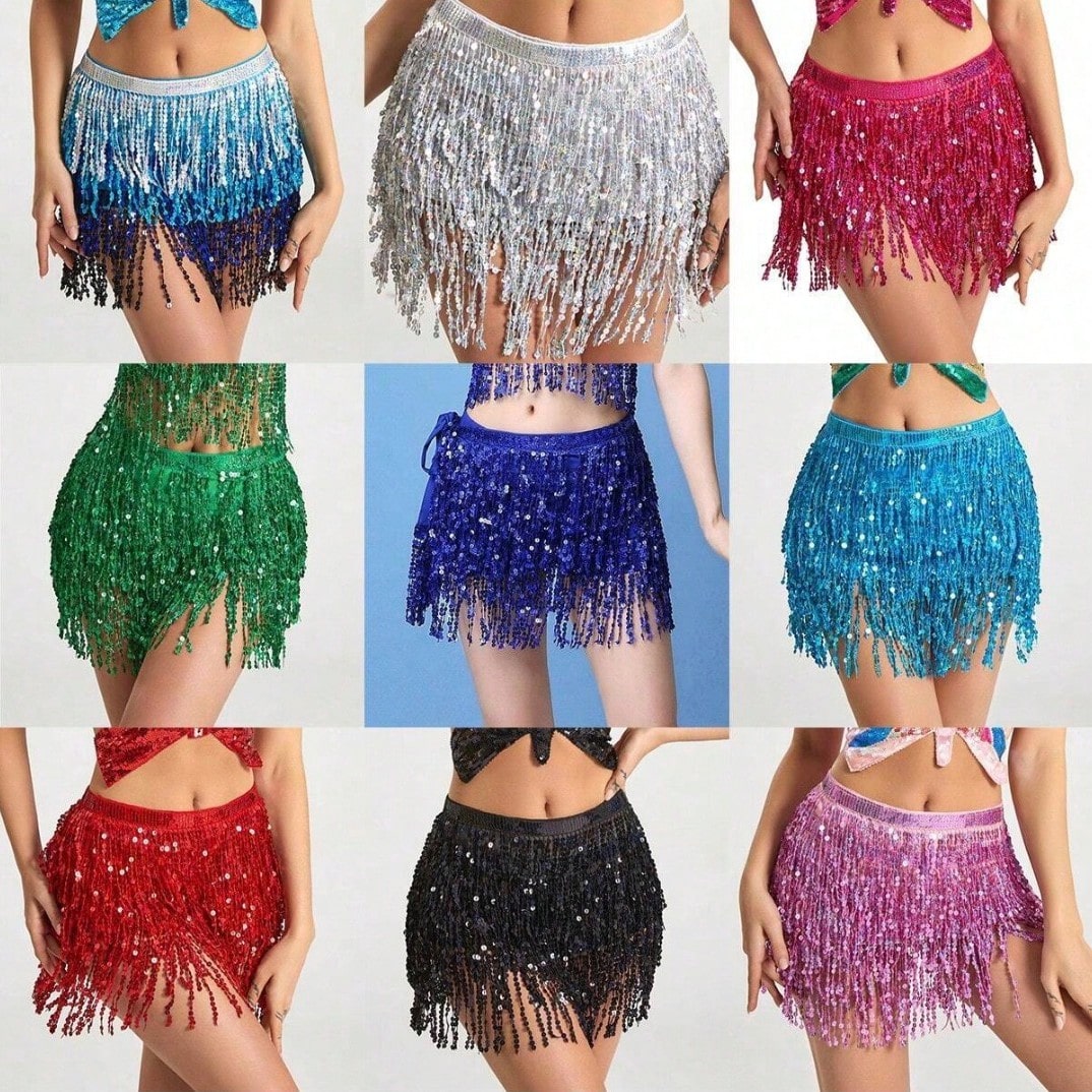 Atuendo de danza del vientre con faldas con lentejuelas brillantes y flecos, faldas con cinturón de baile de moda para danza del vientre