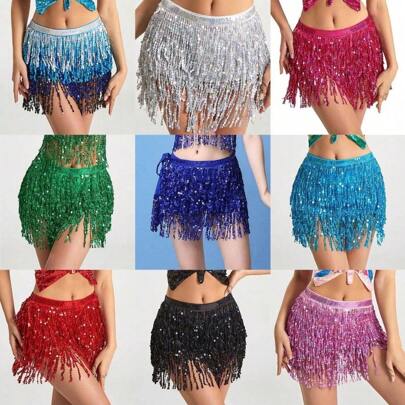 Outfits Belly Dance Glitter Sequins Tassel Skirts, Fashionable Dancing Waist Belt Skirts For Bellydance