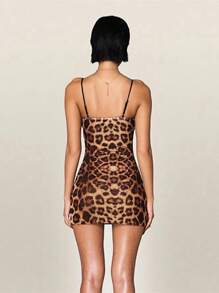 Women Mini Dress Leopard Print Sleeveless Cami Dress Summer Fashion Spaghetti Strap Dress - Brown - View 5