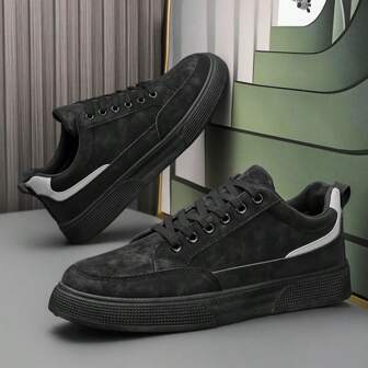 男士纯色灰色系带运动滑板鞋，简约风格圆头厚底增高运动鞋（建议选择大一码）