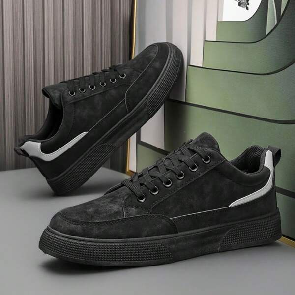 Men's Solid Color Grey Lace-Up Front Sports Skate Shoes, Minimalist Style Round Toe Thick Bottom Height Increasing Athletic Shoes(It Is Better To Choose A Larger Size)