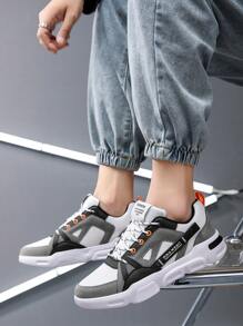 Men's Retro Gray Premium Minimalist Comfortable Low-Top Thick-Sole Shock-Absorbing Casual Sneakers, Streetwear Contrast Color Four Seasons High-Platform Front Lace-Up Outdoor Stylish Chunky Sneakers