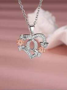 Tsnamer 1 Stück exquisiter Halskette mit kubischem Zirkonia-Initialen und herz-geschnitztem 26 Buchstaben A-Z sowie Blumen, Damen Schmuck für den täglichen Gebrauch