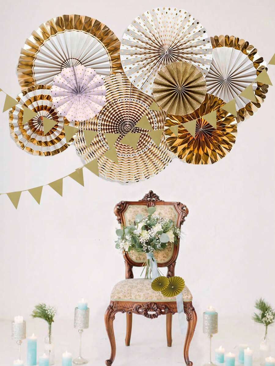 8 piezas / 16 piezas Abanicos de fiesta de papel de aluminio, decoraciones - Dorado - Ver 1
