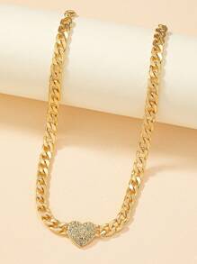 1pc Gold-Tone Rhinestone Heart Pendant Necklace, Suitable For Daily Wear - Yellow Gold - View 2