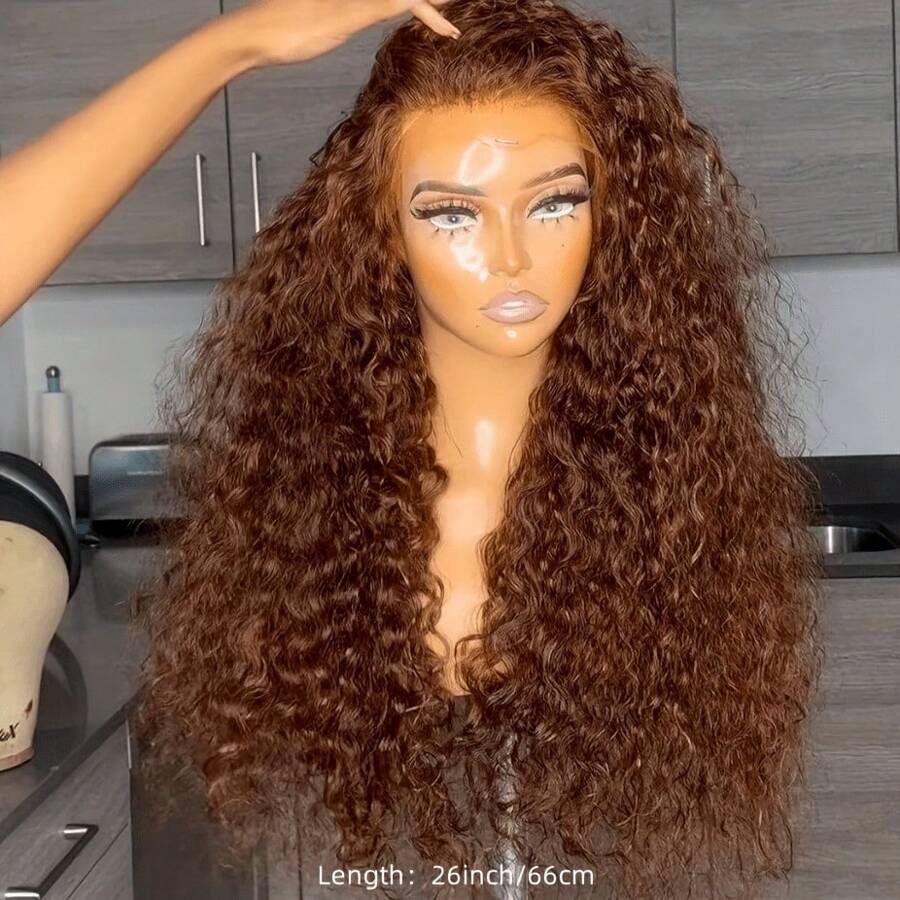 PAZAT Deep Wave Human Hair Wig 200% Density 13X4 Lace Front Wig Chocolate Hair Chestnut Brown Color Deep Curly Wave Swiss HD Lace Front Wigs Mixed Protein Hair For Women Short Bob Wigs(8-14Inch)