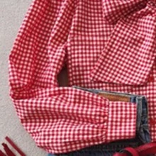 大码休闲格子野餐风格长袖衬衫，百搭复古宽松女式上衣 - 紅色 - 查看 4