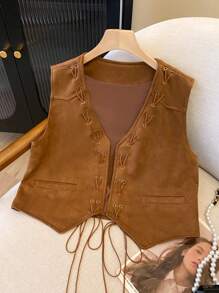 Women's Casual Loose Solid Color Twist-Knot Cropped Tank Top - Brown - View 1