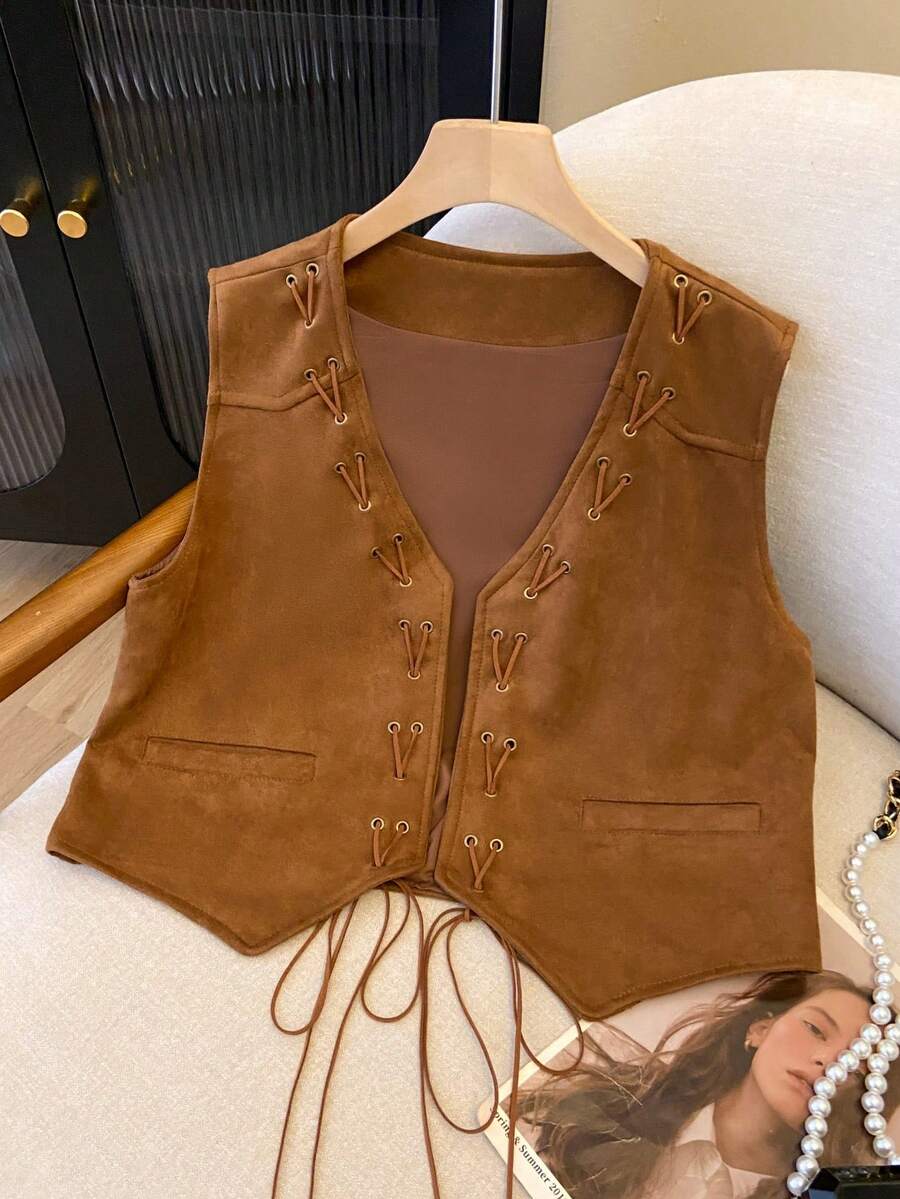 Women's Casual Loose Solid Color Twist-Knot Cropped Tank Top - Brown - View 1