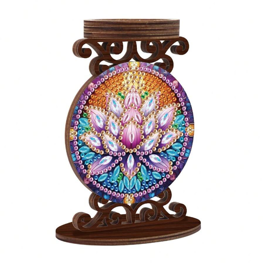 5D DIY Lotus Diamond Art Painting Candlestick Holders, Diamond Art Kits For Adults, Special Shaped Crystal Diamond Painting Wooden Home Decoration Candlestick Christmas Halloween Ornaments (Double-Sided Diamond) - Lotus - View 1