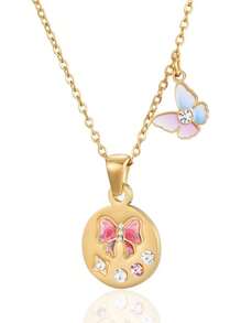 女士蝴蝶结吊坠项链 复古镀金不锈钢 不褪色配饰、浪漫珠宝、订婚礼物、女士 - 金色 - 查看 10