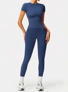 2pcs Women Soft Moisture Wicking Crew Neck Short Sleeve Top And Elastic Yoga Sports Pants