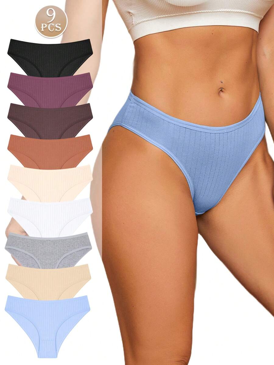 Set de 9 piezas de bragas de bikini transpirables y cómodas de mujer, de colido y a rayas